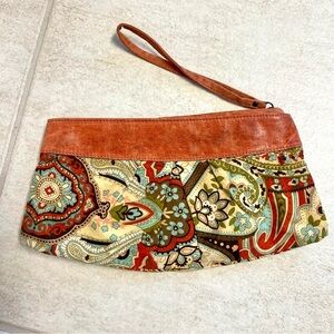 Ebisu Y2K vintage Wristlet Clutch Floral Paisley Fabric Brown Leather Trim Purse